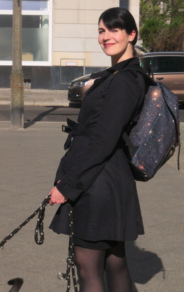 promod trenchcoat and galaxy print backpack