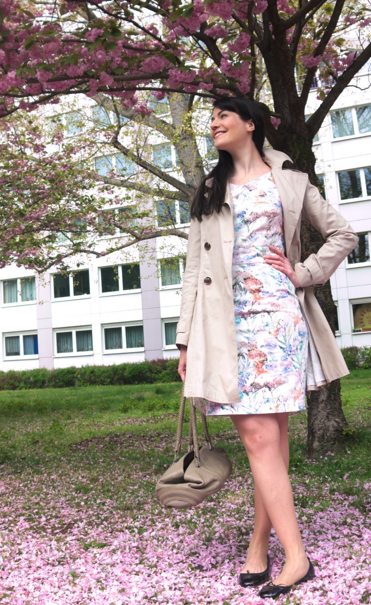 cherry blossoms and mint&berry floral dress with trenchcoat