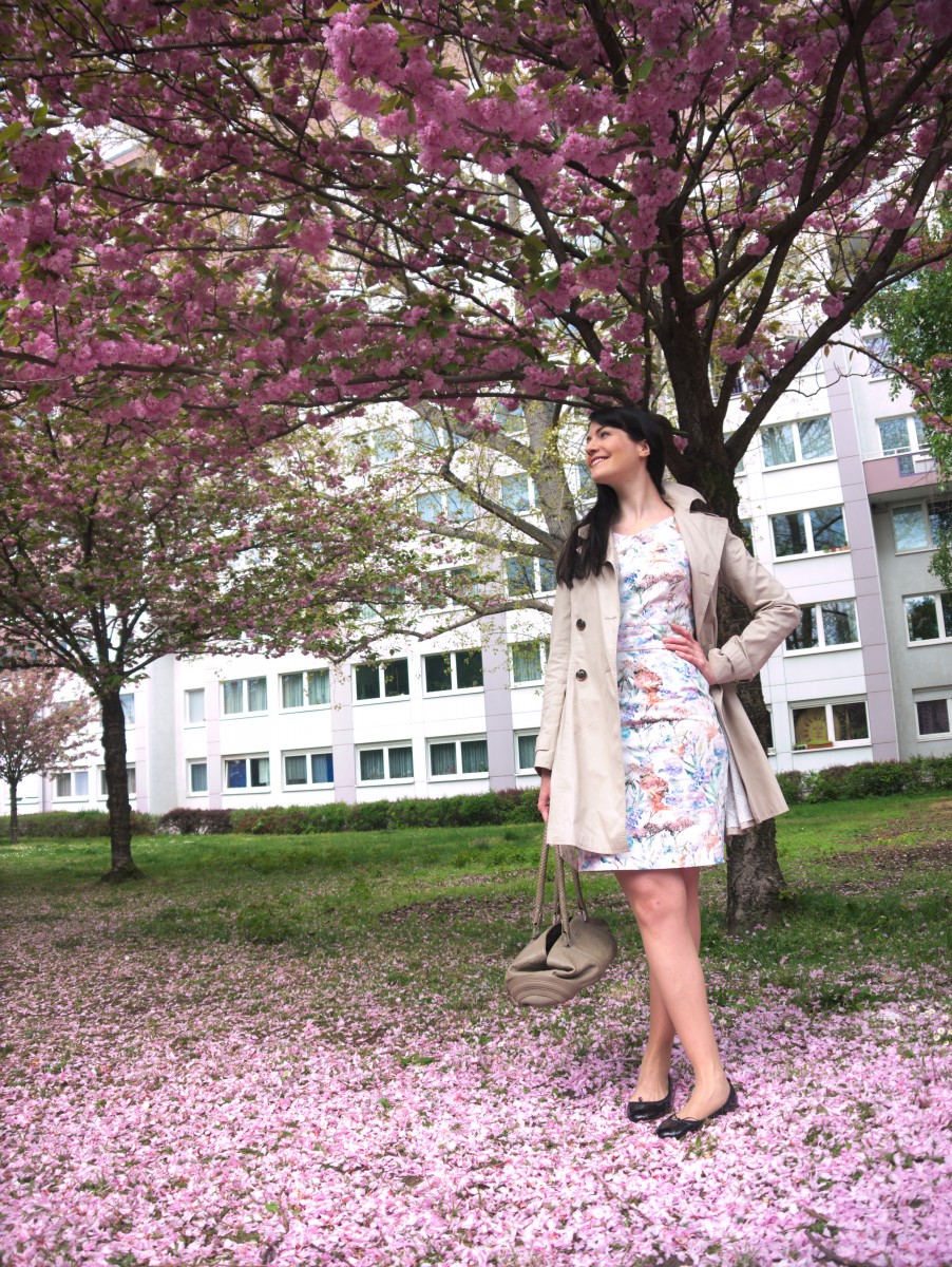 cherry blossoms and mint&berry flower print dress with trenchcoat