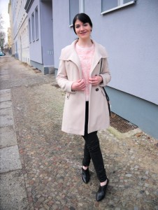 Cream Benetton Wool Coat and Pink Lace Sweater