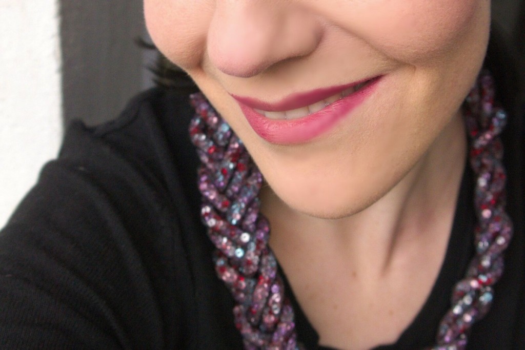 H&M beads and mesh necklace and Bobbi Brown Art Stick in Rose Brown