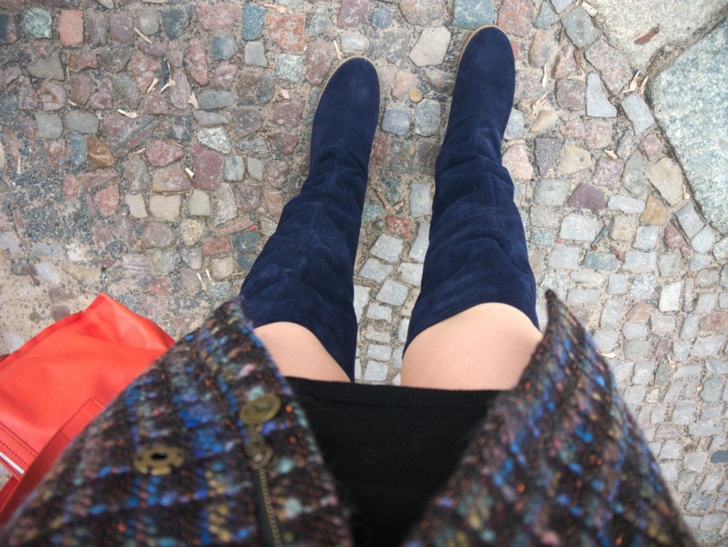 70s retro vibe blue and orange bouclé coat by Moods of Norway and suede over the knee boots