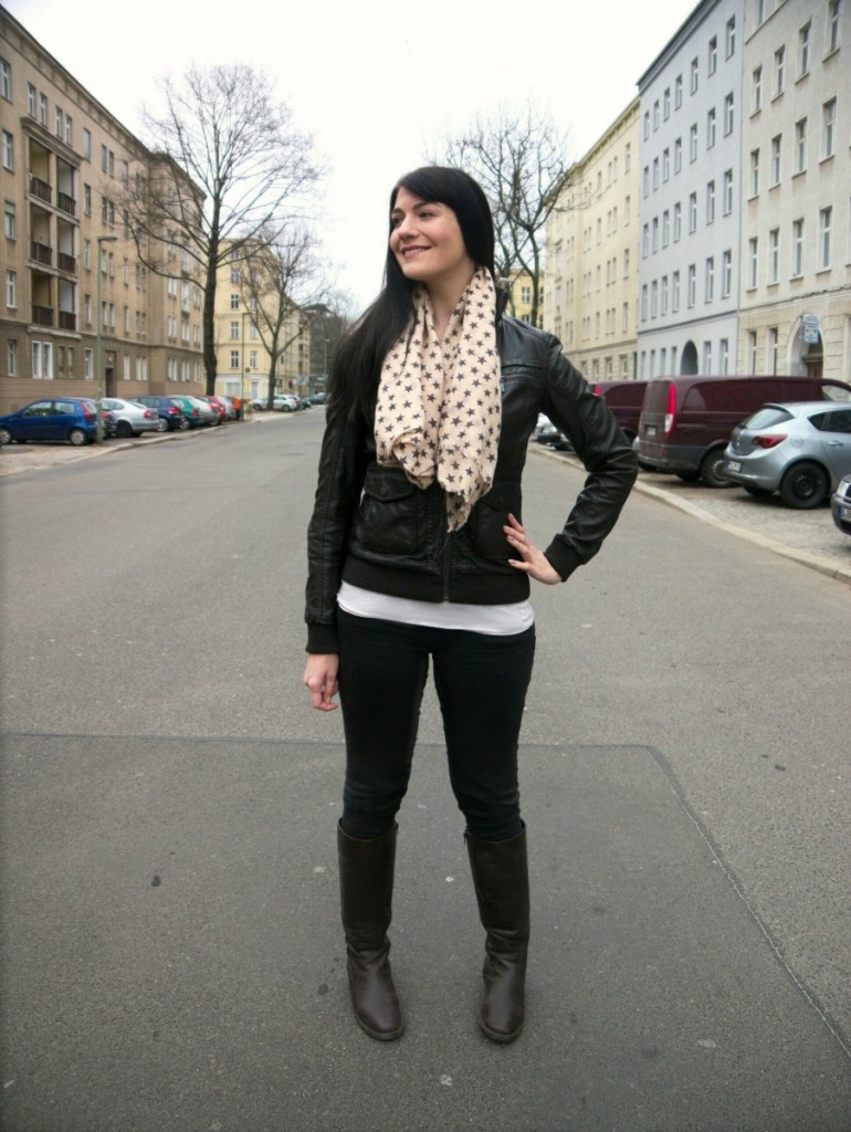 dark brown faux leather jacket and star print scarf