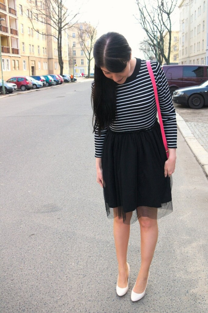 NewChic pinup stripe dress with tulle skirt and cream heels