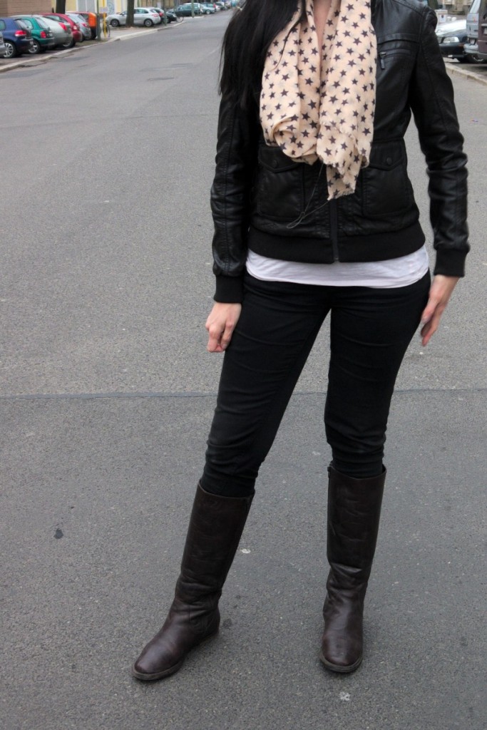 Dark brown faux leather jacket and star print scarf for spring