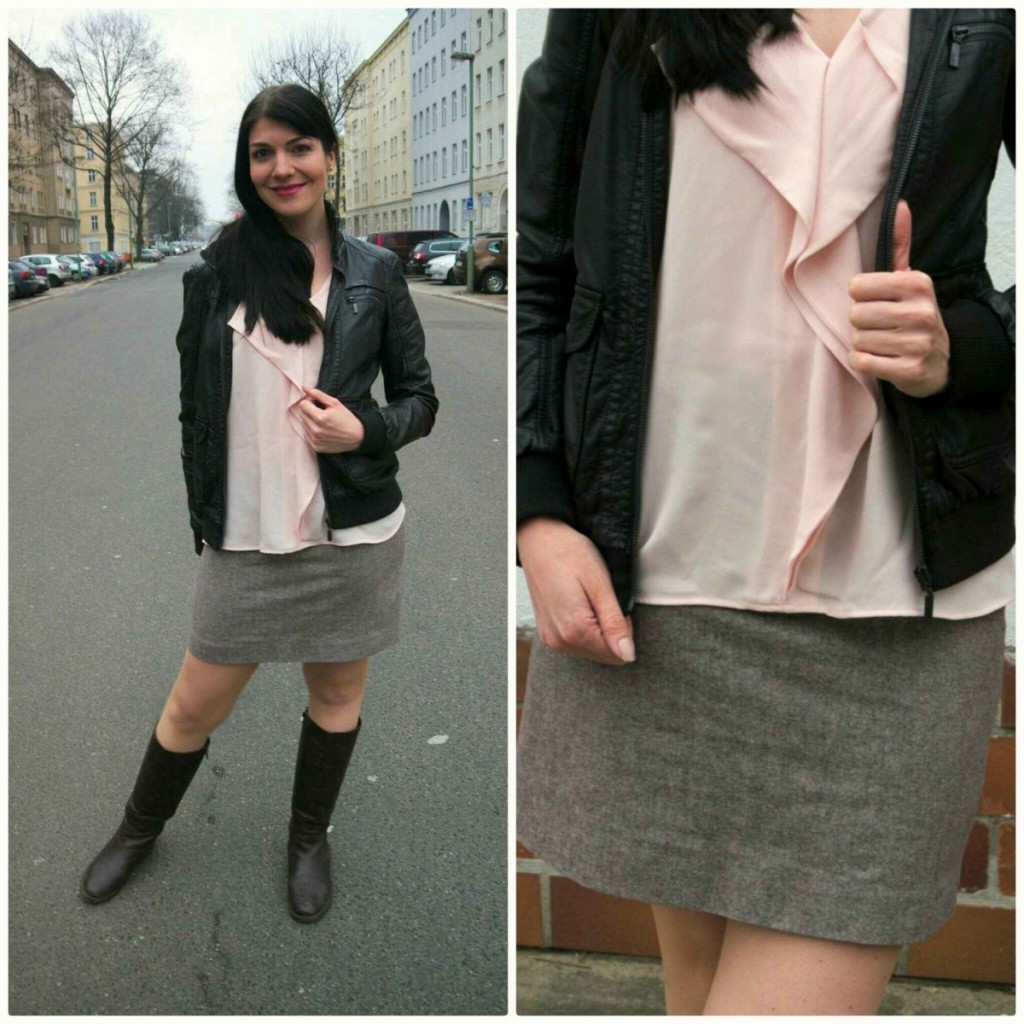 Faux leather jacket with rose quartz top and tweed skirt