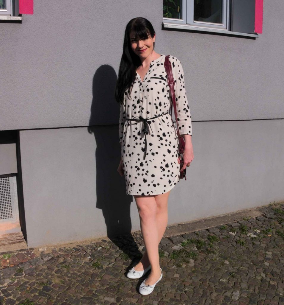 Dalmatian Print Shirt Dress and white ballerina flats