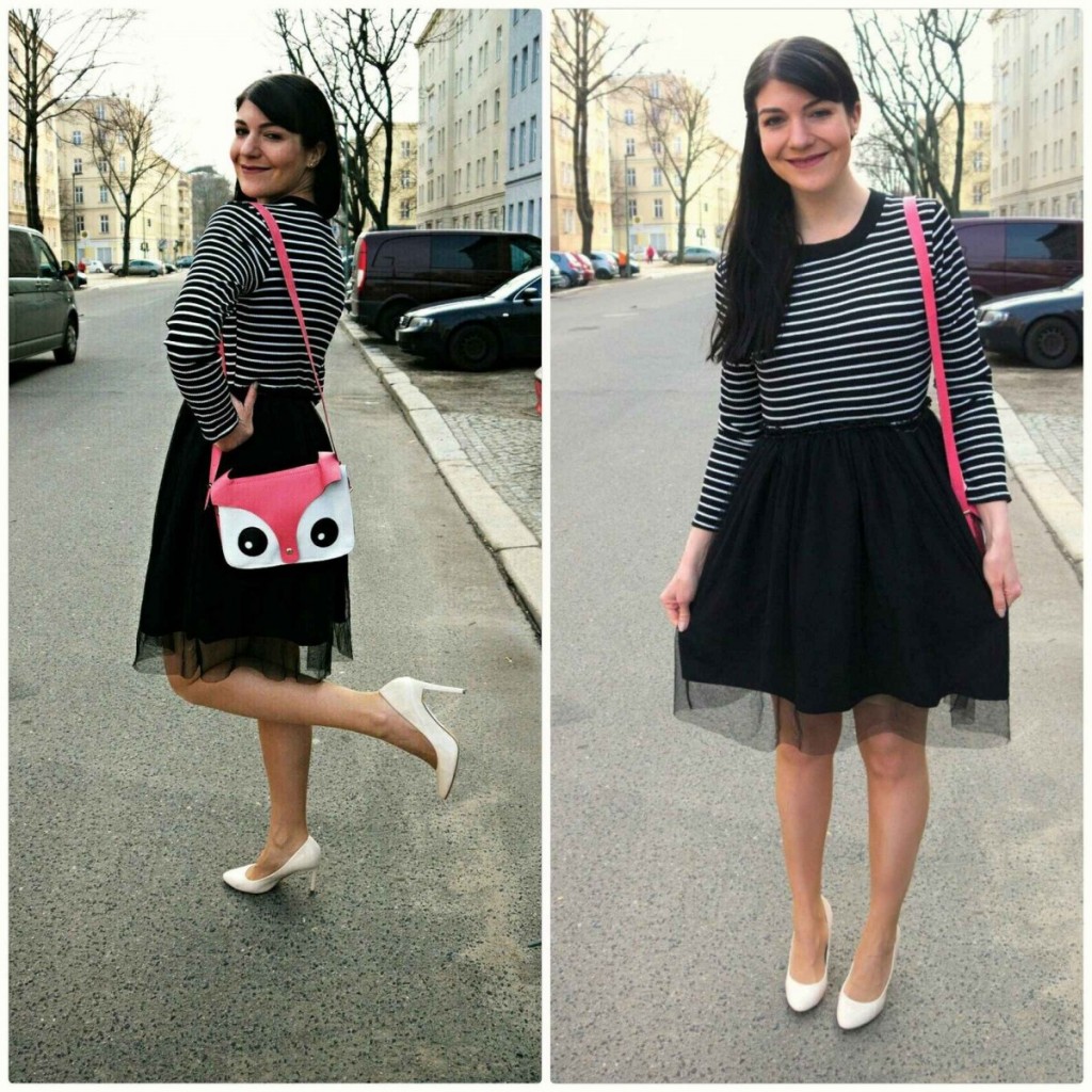 two-piece tulle dress with stripes and cute novelty bag