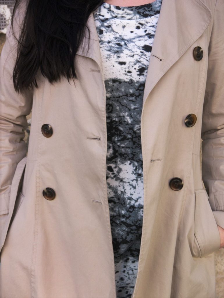 marble print dress and trenchcoat