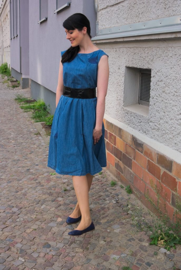 blue denim dress with belt