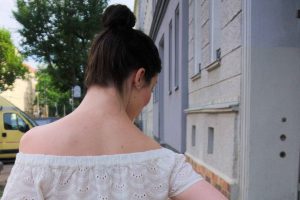 off shoulder eyelet blouse and top knot