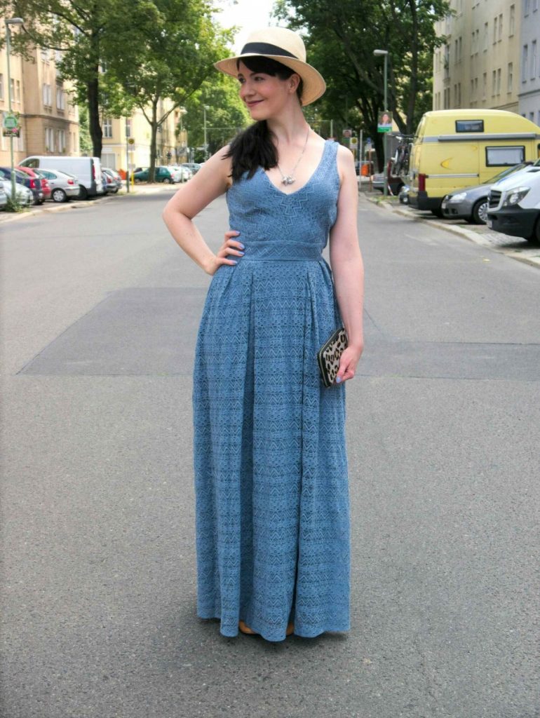 light blue lace dress in serenity with straw hat