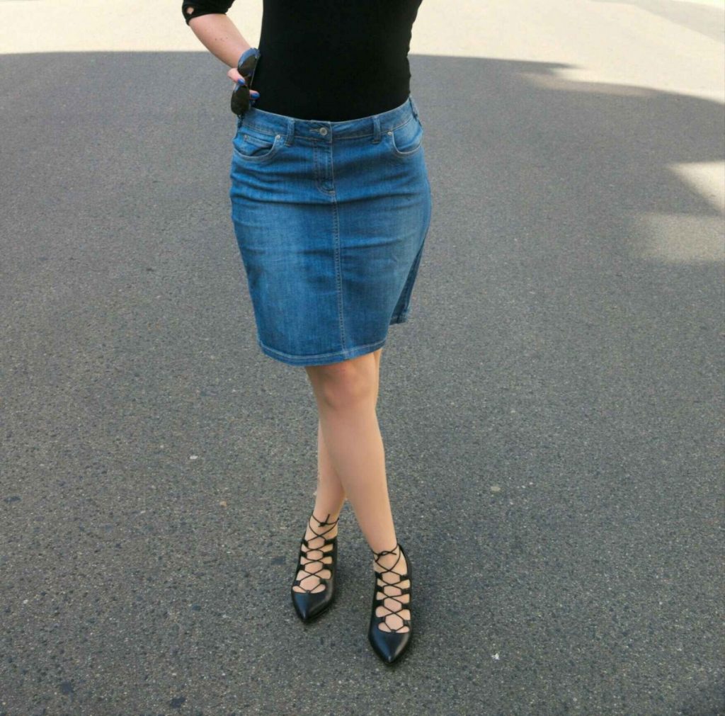 denim pencilskirt and black leotard