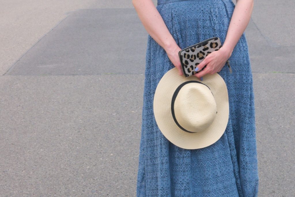 blue vintage lace dress and straw hat detail