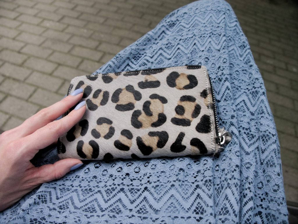 leopard clutch and blue vintage lace dress 