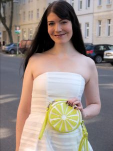 white organza dress and lemon bag