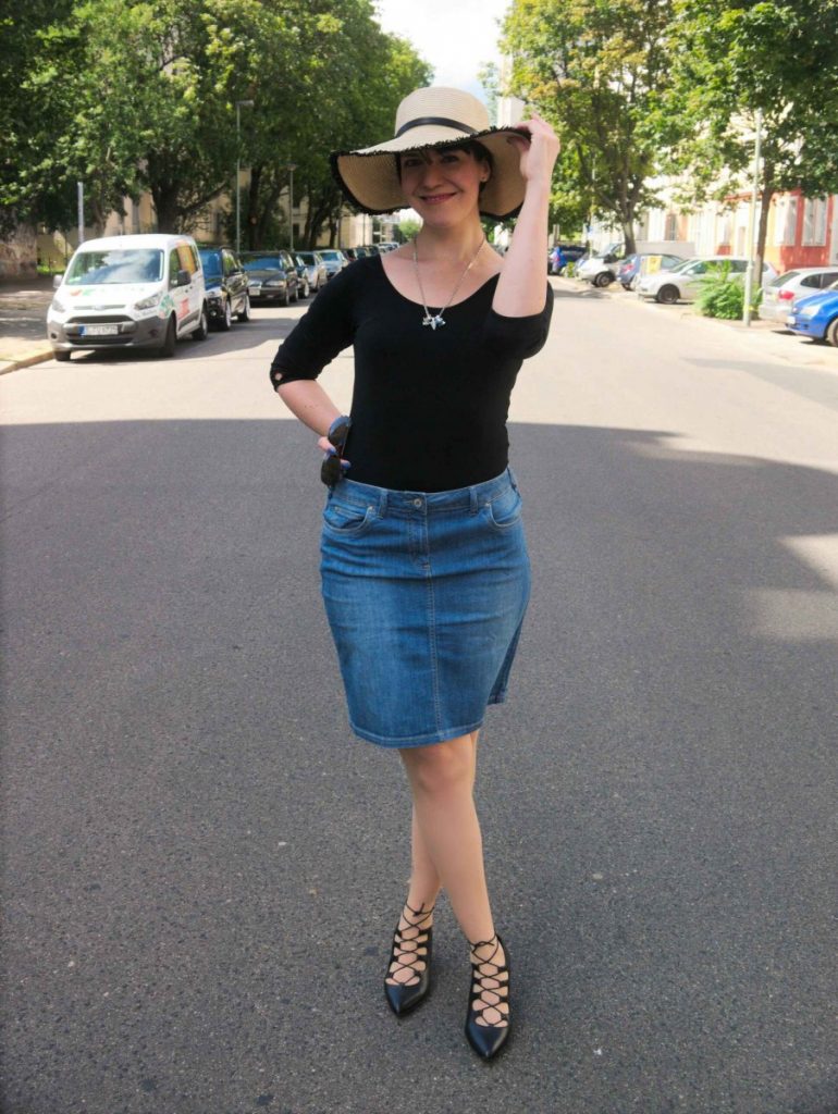 denim pencilskirt and black leotard