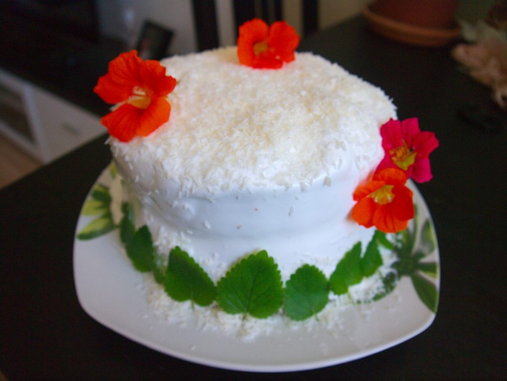 coconut cake with nasturtiums