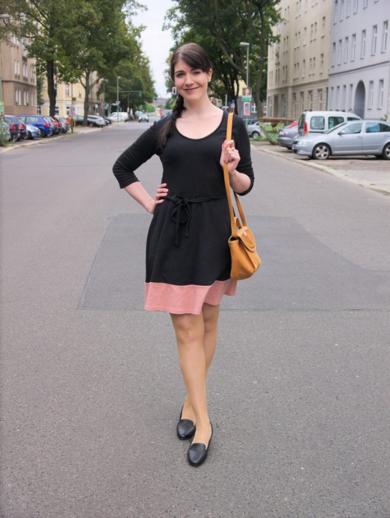 jersey dress and orange bag