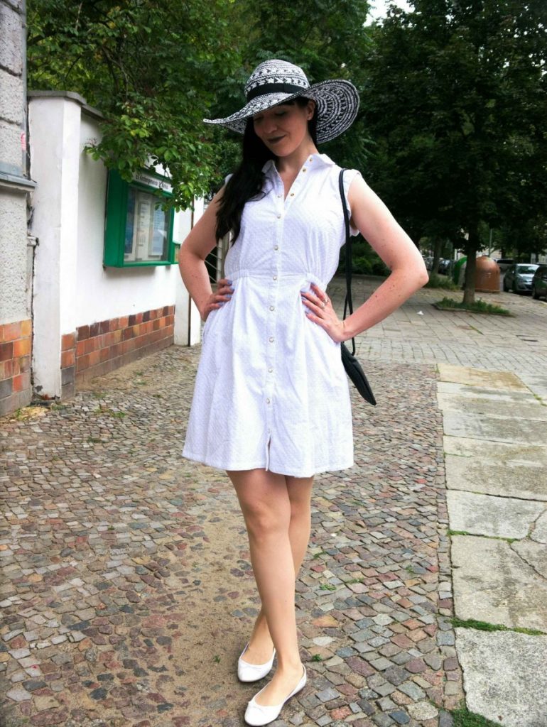 white coven shirt dress and taupe lipstick