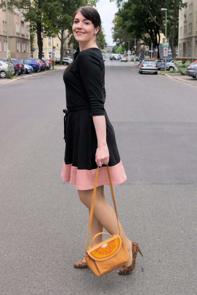 jersey dress and orange bag