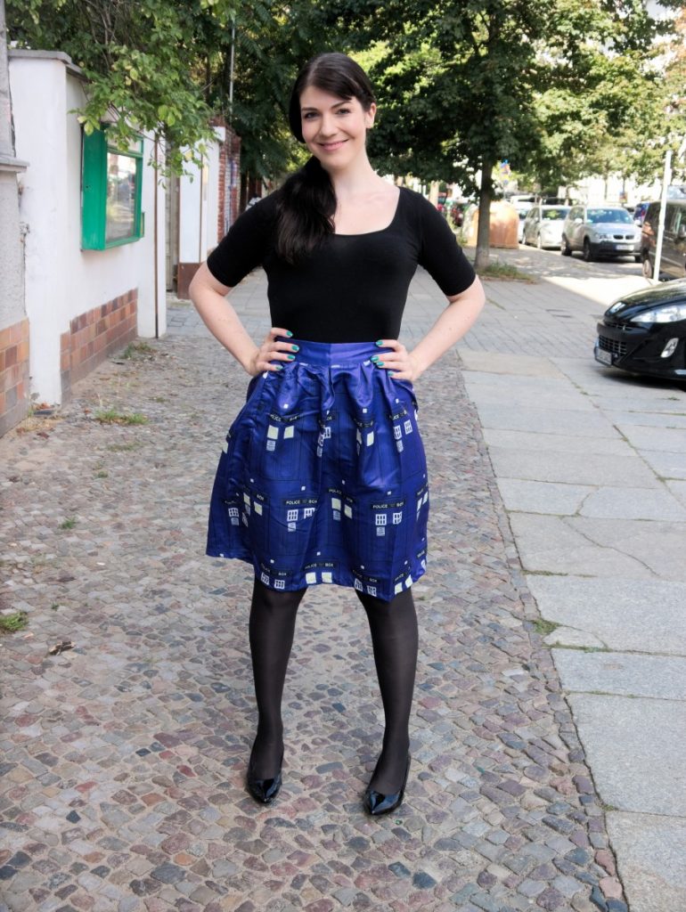 cobalt blue Tardis skirt and fedora