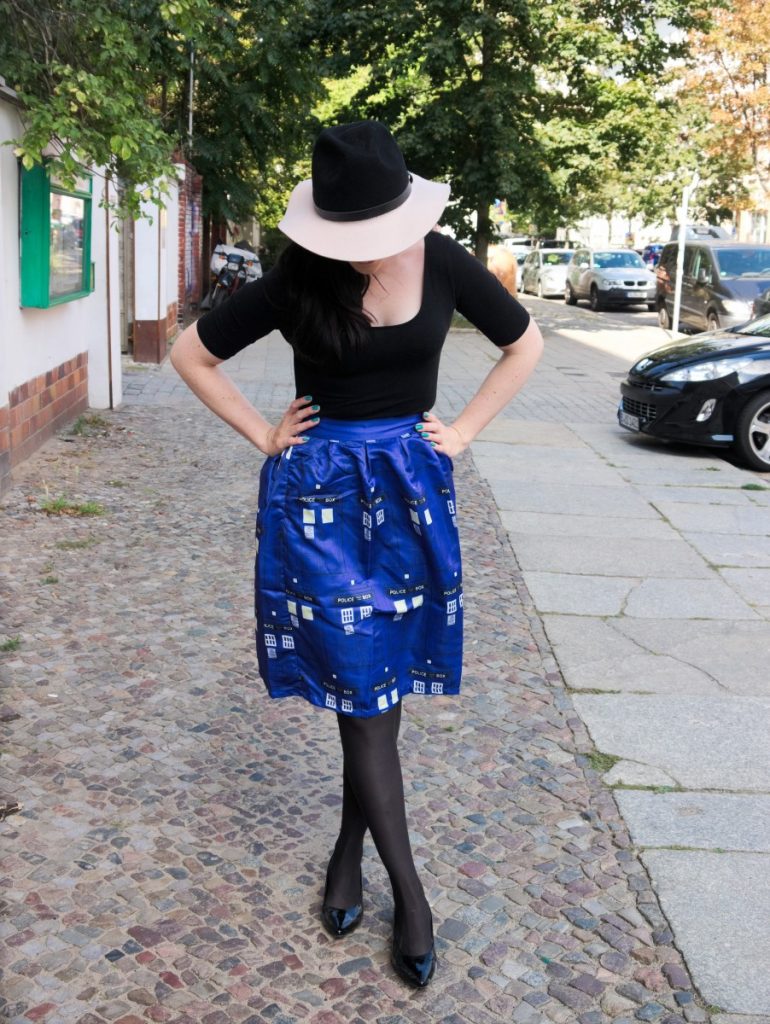 cobalt blue Tardis skirt and fedora