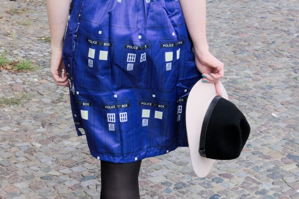 cobalt blue Tardis skirt and fedora