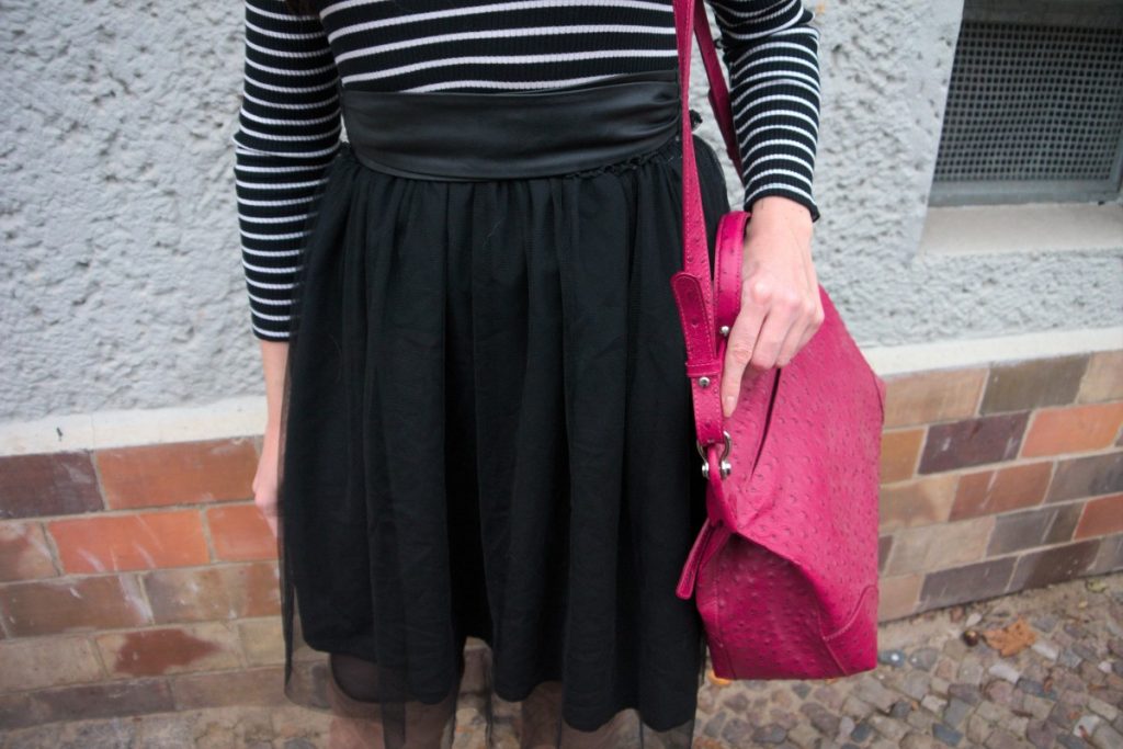 tulle dress and ostrich statement bag outfit