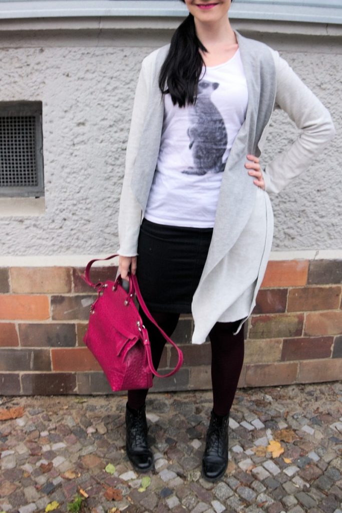 casual winter work wear outfit with pixel meerkat shirt and ostrich bag