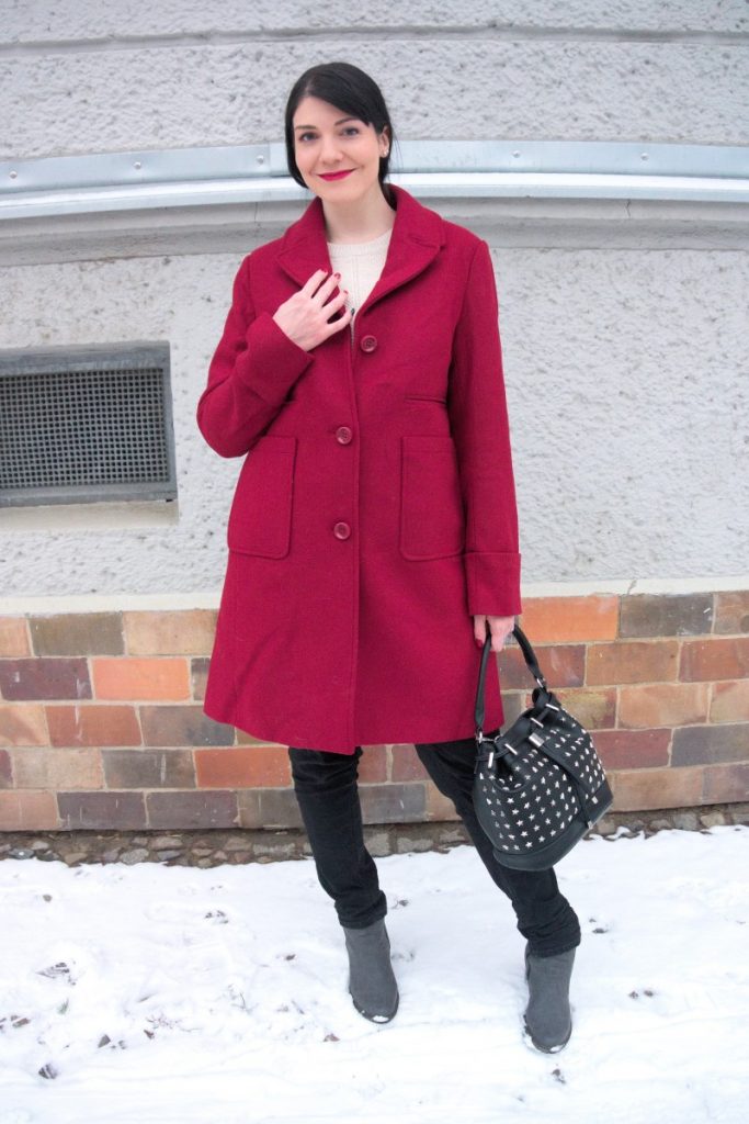 red coat and peplum sweater