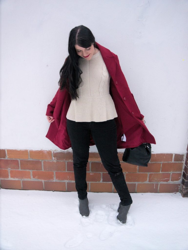 red coat and peplum sweater