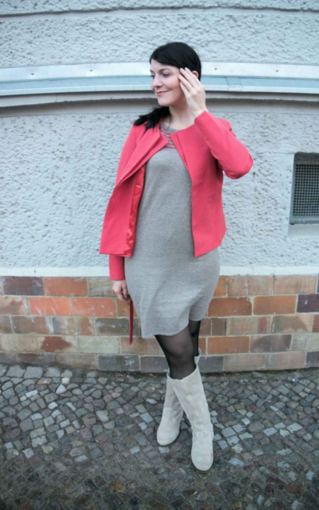 knit dress with statement stripes and coral blazer