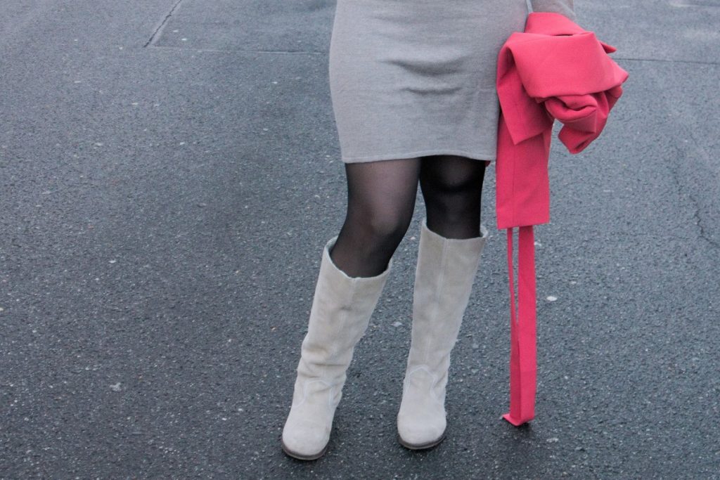 knit dress with statement stripes and coral blazer