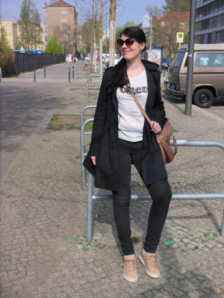 Spring Outfit with Trench, Slogan Tee and Sneakers