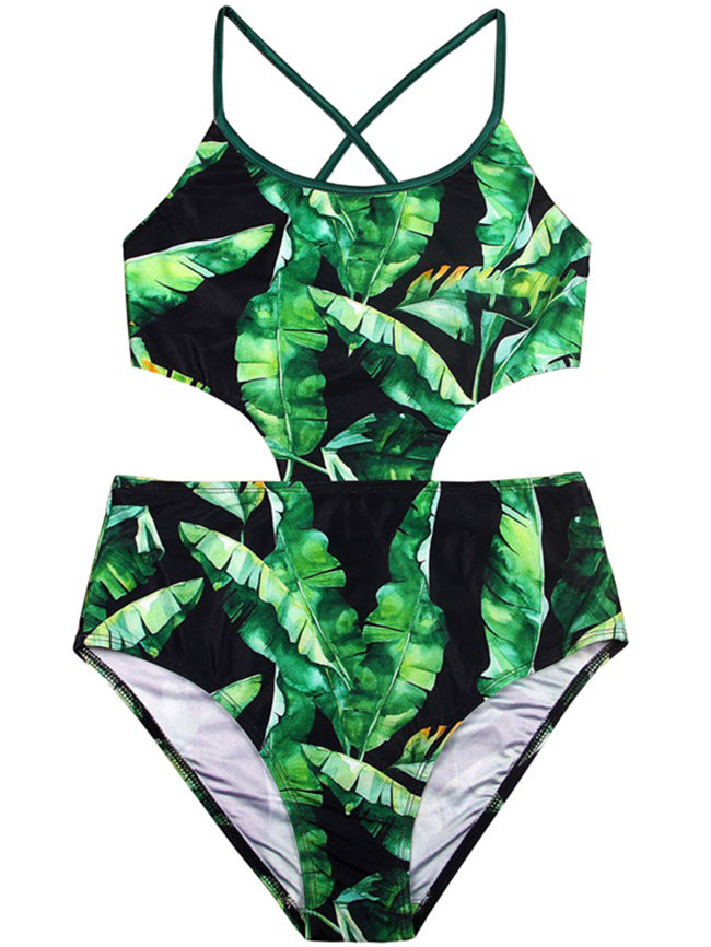 FashionMia tropical leaf pattern in greenery onepiece swimsuit