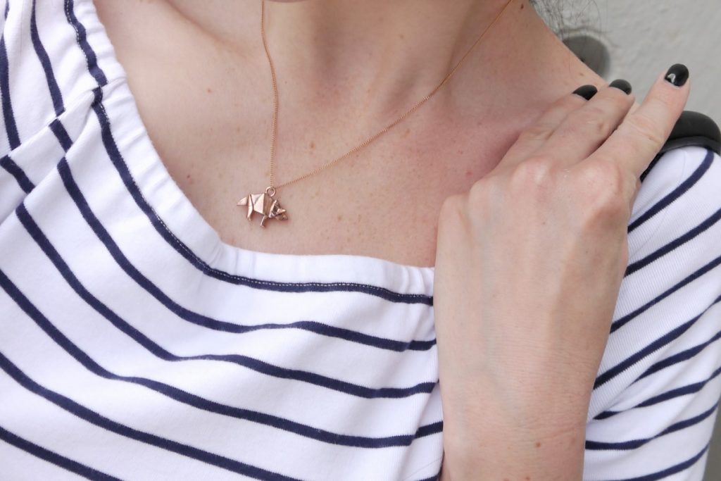 striped top and rosegold origami triceratops necklace by Origami Jewellery