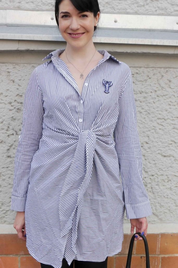 Shein striped shirt dress with blue lobster brooch