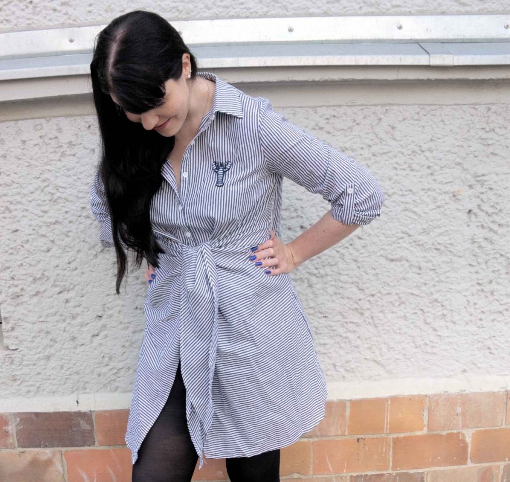 Shein striped shirt dress with Macon & Lesquoy blue lobster brooch
